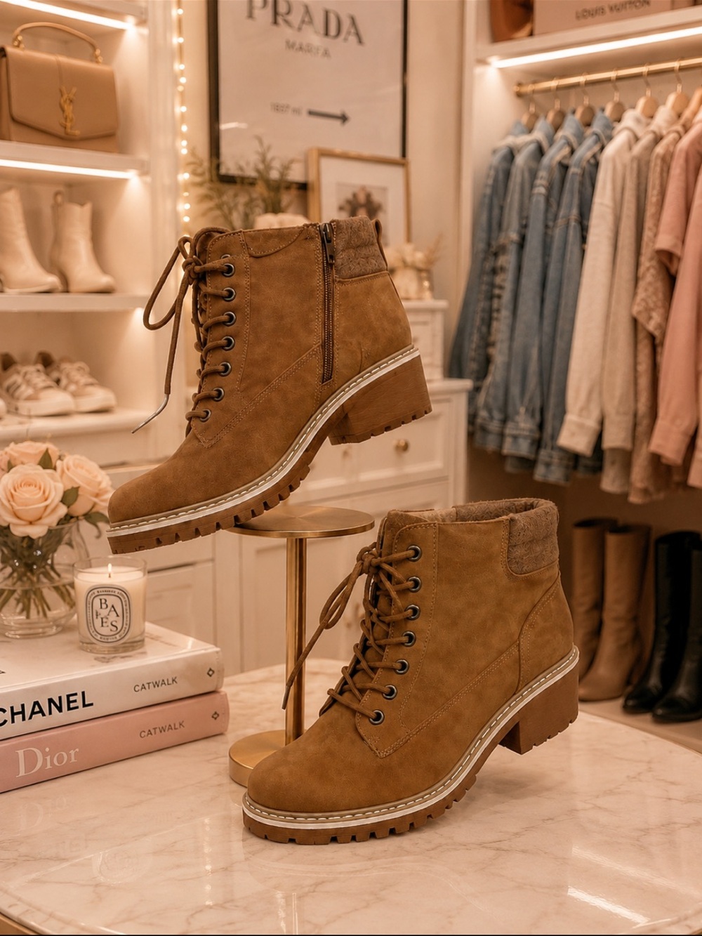 Report Women Combat Boots Tan Lace Up Side Zip Lug Sole Ankle Boot Size 10M